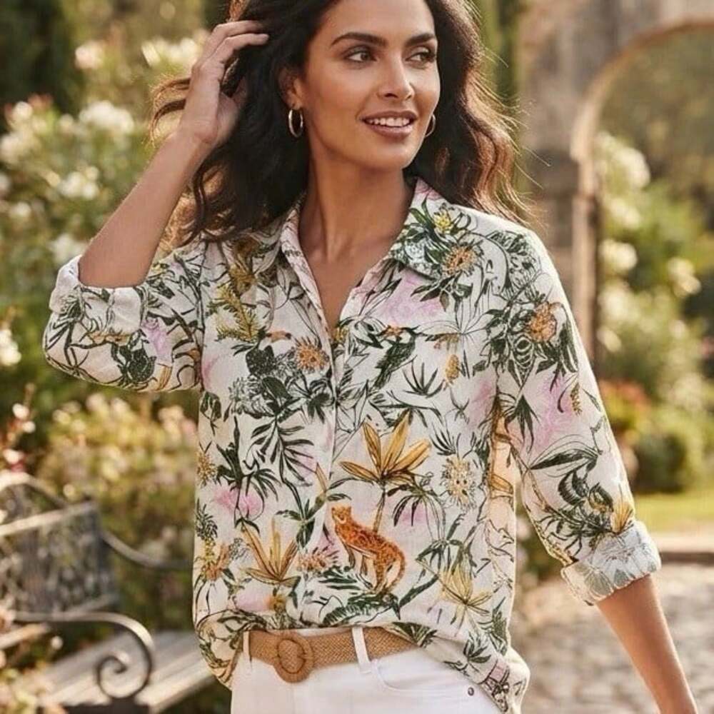 Rachel Zoe Sz 2X 100% Linen Tropical Jungle Safari White Resort Button Up Shirt